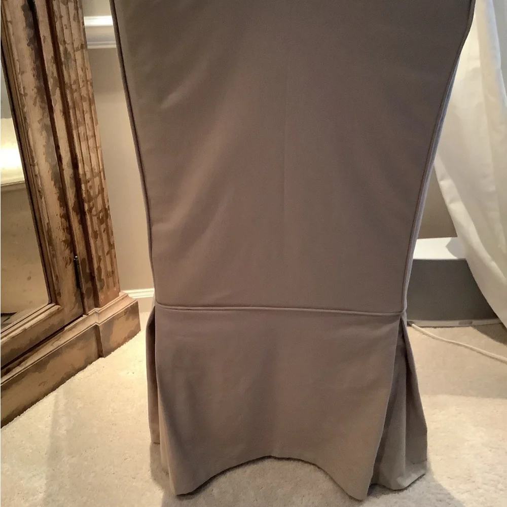 BALLARD DESIGN TAUPE TWILL PARSONS CHAIR COVER. WHITE EMBROIDERED “C”
